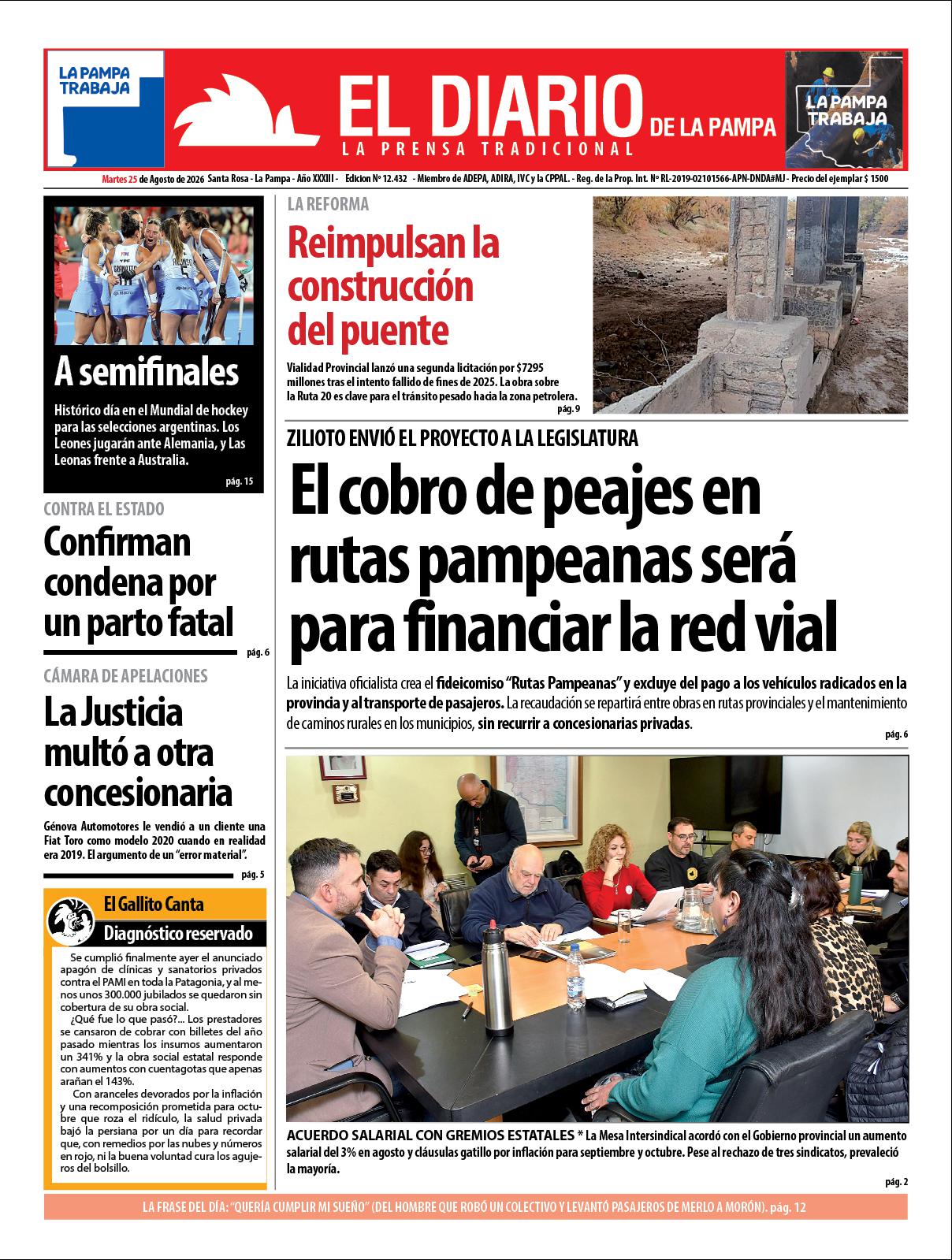 Tapa de El Diario en papel  martes 25 de agosto de 2026